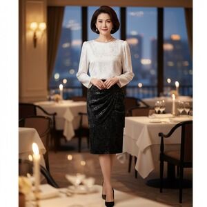 Ursula of Switzerland Skirt Suit Blazer Set Size 12 Ivory Black Sequined Zip VTG